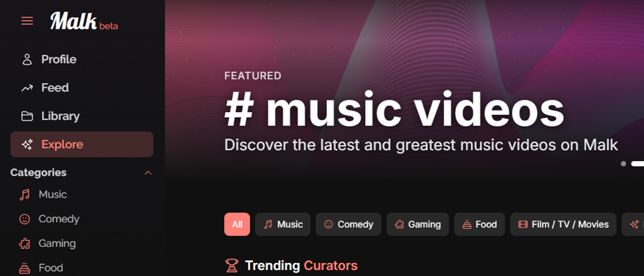 Malk Explore page with category channels and discovery rows