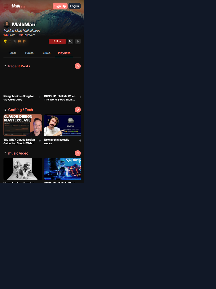 Malk mobile profile view with saved videos and playlist sections