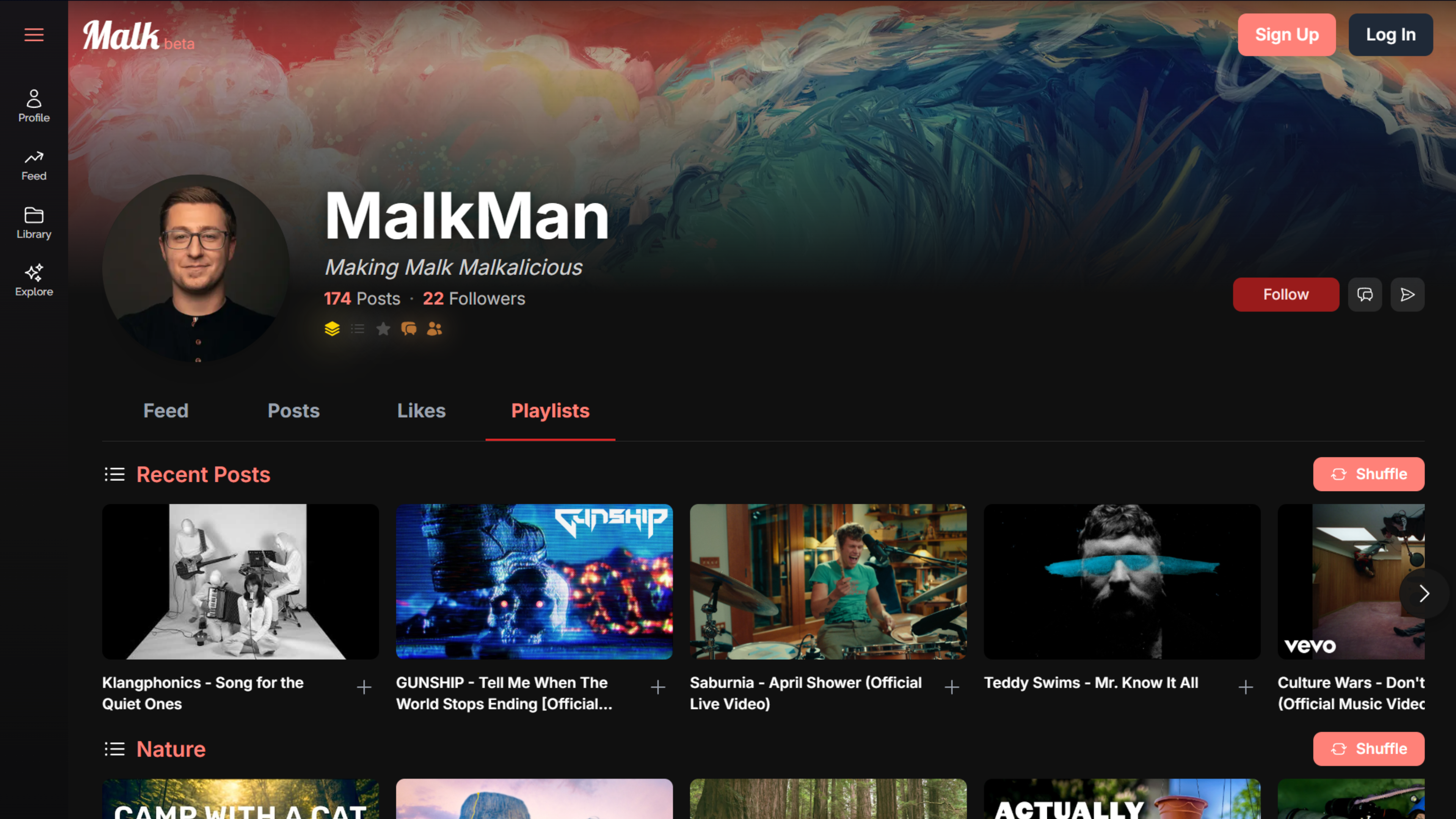 Malk desktop profile with curated playlists organized in category rows