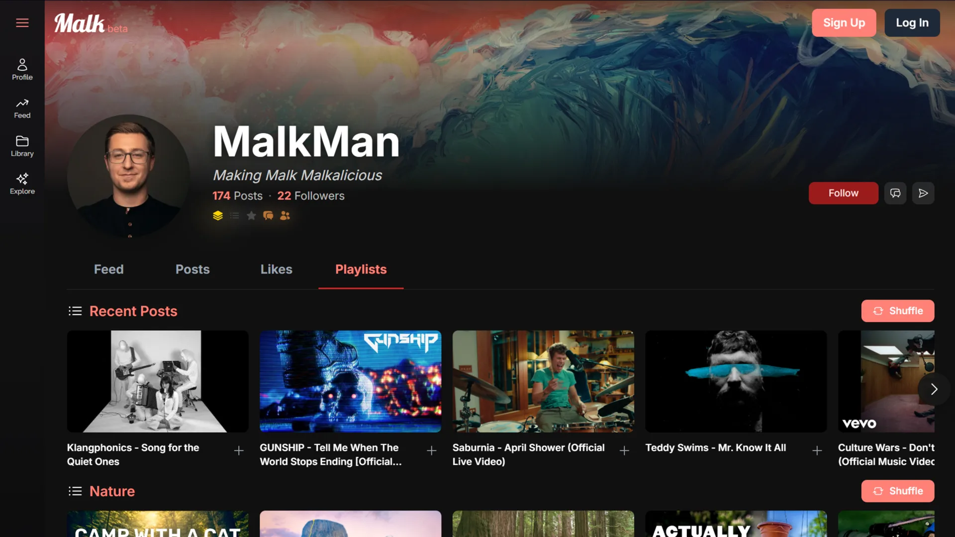 Malk desktop profile with curated playlists organized in category rows