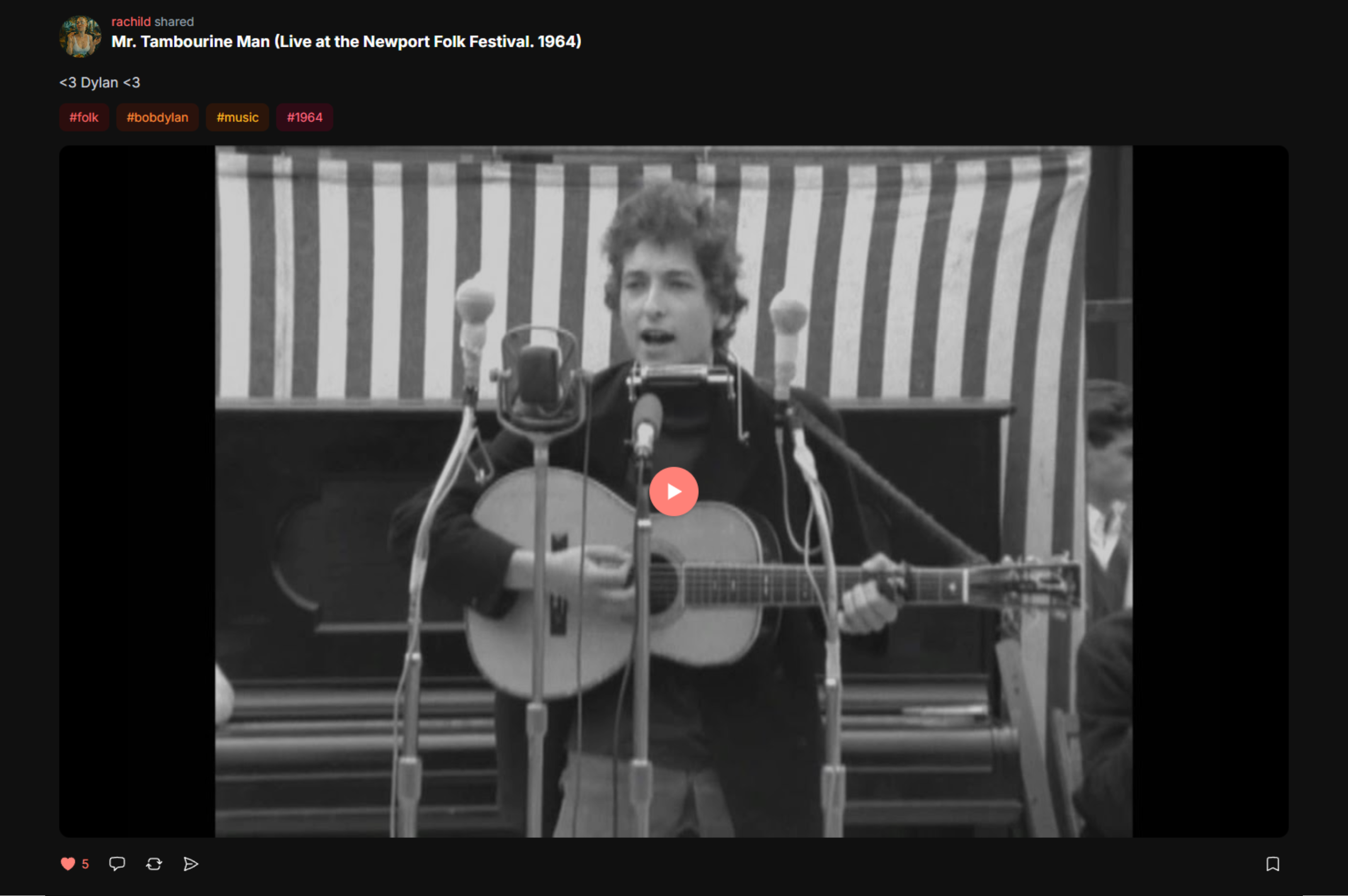 Malk feed post — curated video share with tags and inline player