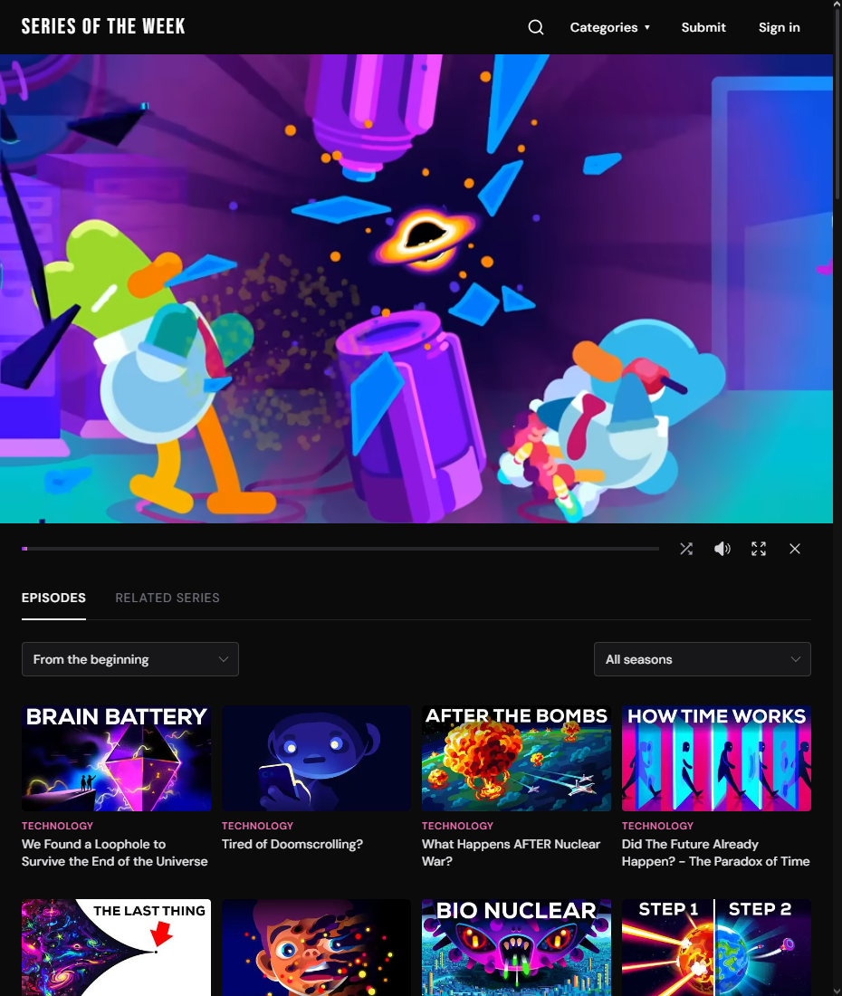 Series of the Week show page — video player with episode grid and season navigation