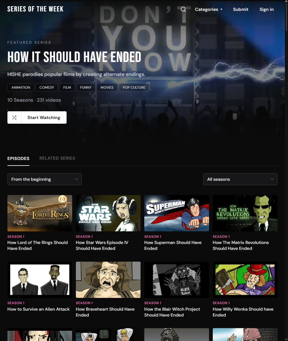 Series of the Week featured series page — hero, tags, and episode grid